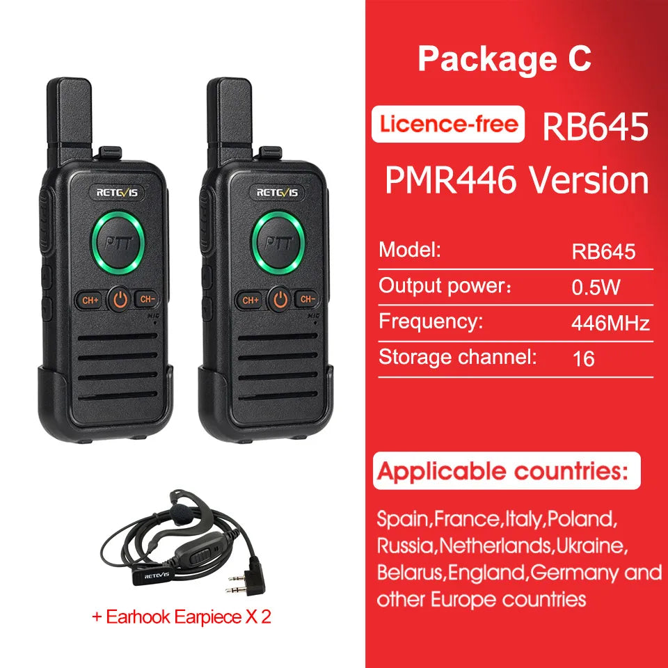 Retevis RB645 Walkie Talkie PMR446 Dual PTT Professional Portable Lincense-free Two Way Radio VOX USB-C for Hotel Restaurant