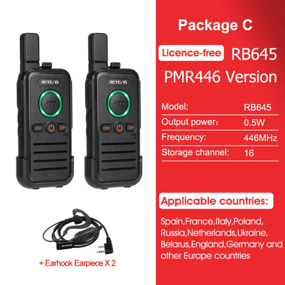 Retevis RB645 Walkie Talkie PMR446 Dual PTT Professional Portable Lincense-free Two Way Radio VOX USB-C for Hotel Restaurant