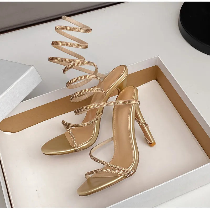 Luxury Crystal Snake Coiled Women Sandals Sexy Narrow band Thin High heels Wedding Party Female Gladiator Sandals Summer Shoes