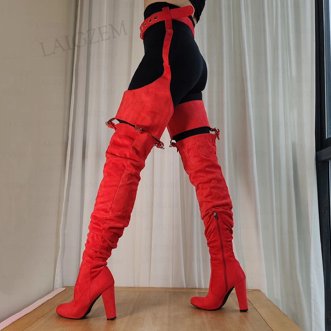 LAIGZEM Women Thigh High Chap Boots Round Toe Side Zip Faux Suede Waist Belted Thick Heels Boots Shoes Woman Big Size 39 45 52