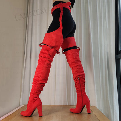 LAIGZEM Women Thigh High Chap Boots Round Toe Side Zip Faux Suede Waist Belted Thick Heels Boots Shoes Woman Big Size 39 45 52