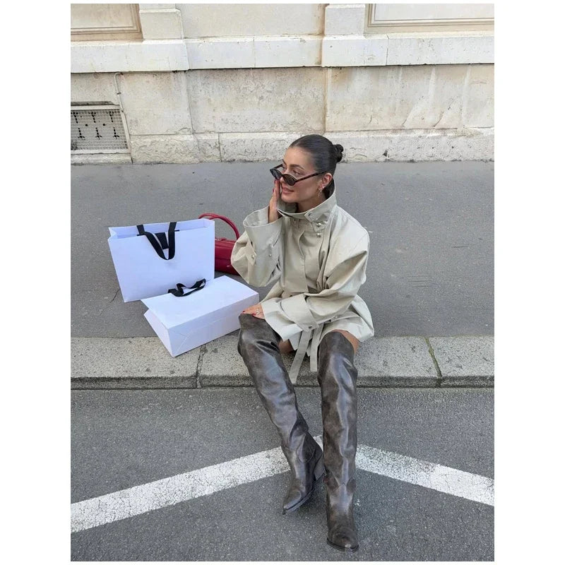 Fashion Stand Collar Short Trench Coat Women Solid Double-breasted Belt Jacket 2026 Autumn Lady Commuting Casual Outwear