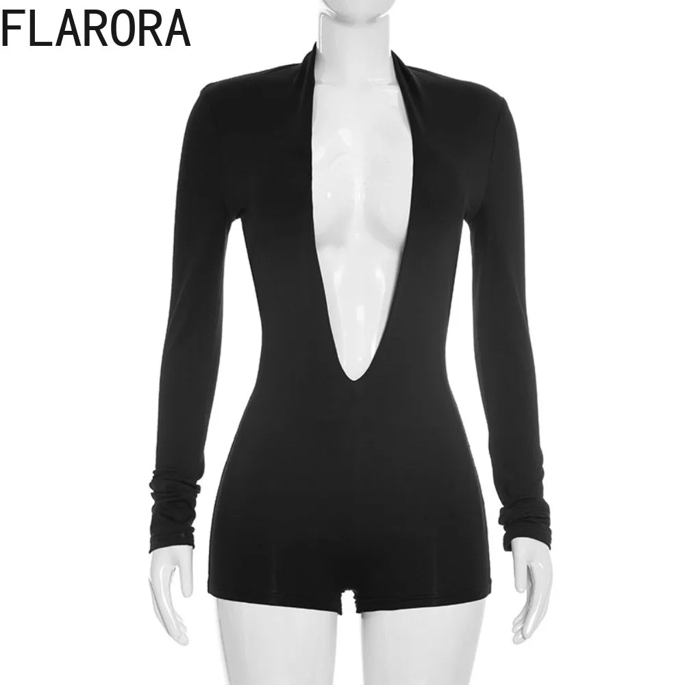 FLARORA Sexy Deep V Neck Slim Rompers Woman Solid Color Full Sleeve Stretch Skinny Peach Hip Playsuits Hot Girl Party Clubwear