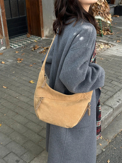 Retro Crossbody Messenger Bags For Women Faux Suede Pure Color Big Capacity Shoulder Hobo Bag 2025 Winter Latest Ladies Handbags