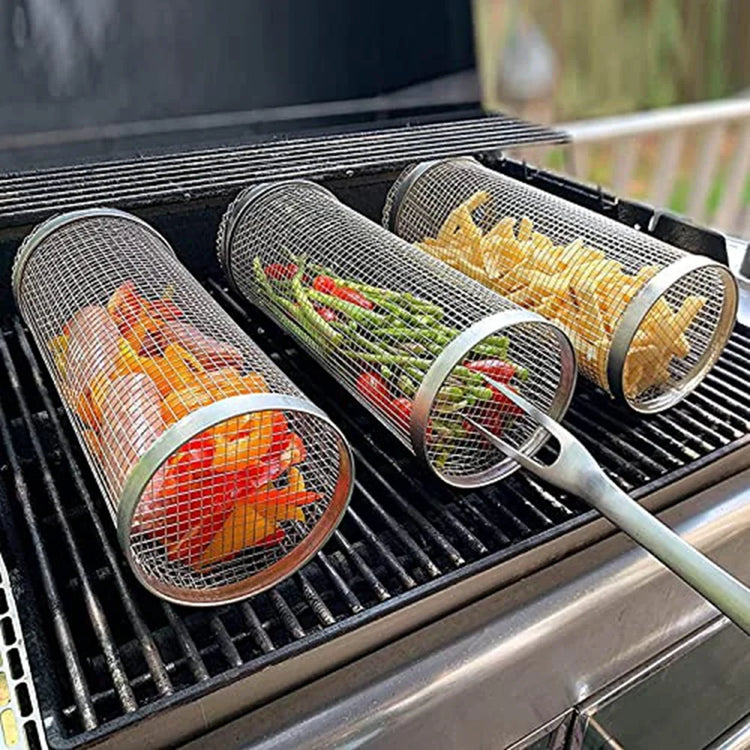 Barbecue Grill Grate Barbecue Cages Camping Picnic Cookware Outdoor Round BBQ Campfire Grill Grid Rolling Grill Basket