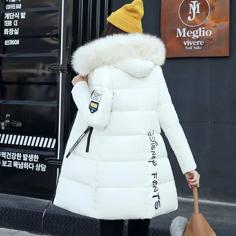 Women Winter Fur Collar Hooded Parka Coats Fashion Letter Patch Zipper Long Jacket Elegant Slim Warm Thick Female Snow Outerwear
