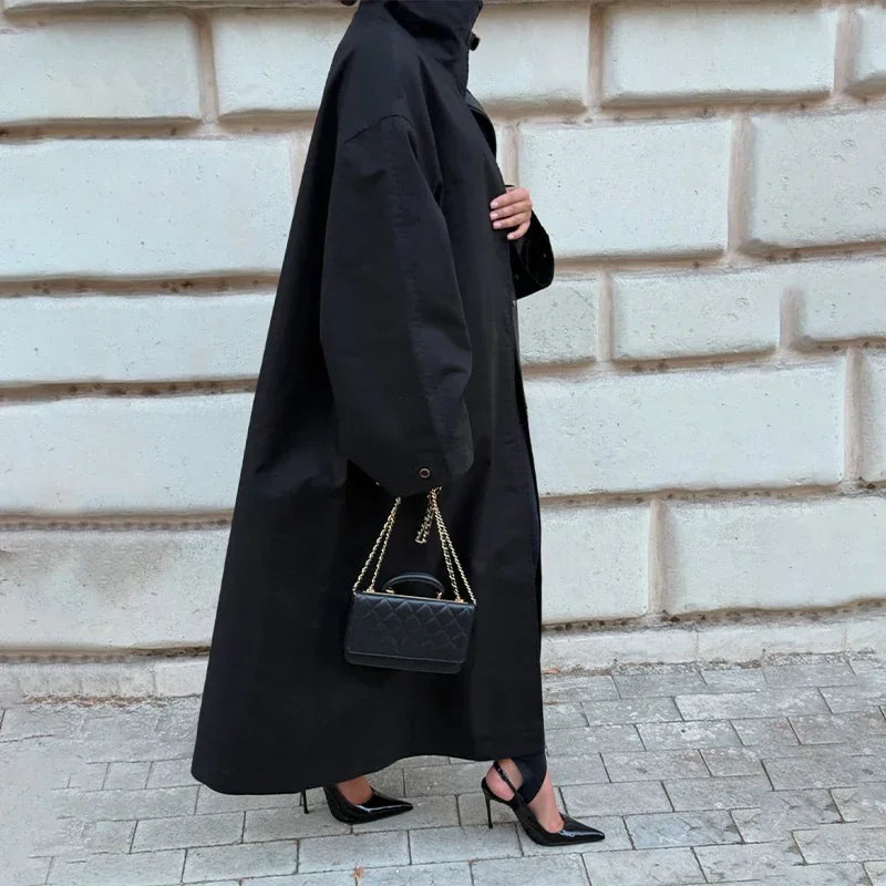 Black Stand Collar Trench Coat Women Casual Long Sleeve Single-breasted Loose Windbreaker 2026 Lady Autumn High Street Outwear