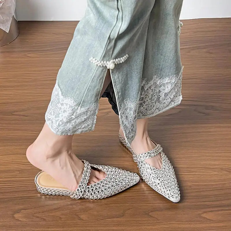 Luxury Rhinestone Pointed Toe Slippers for Women Sexy Backless Flats Mules Sandals Elegant Party Dress Mary Jane Shoes Ladies