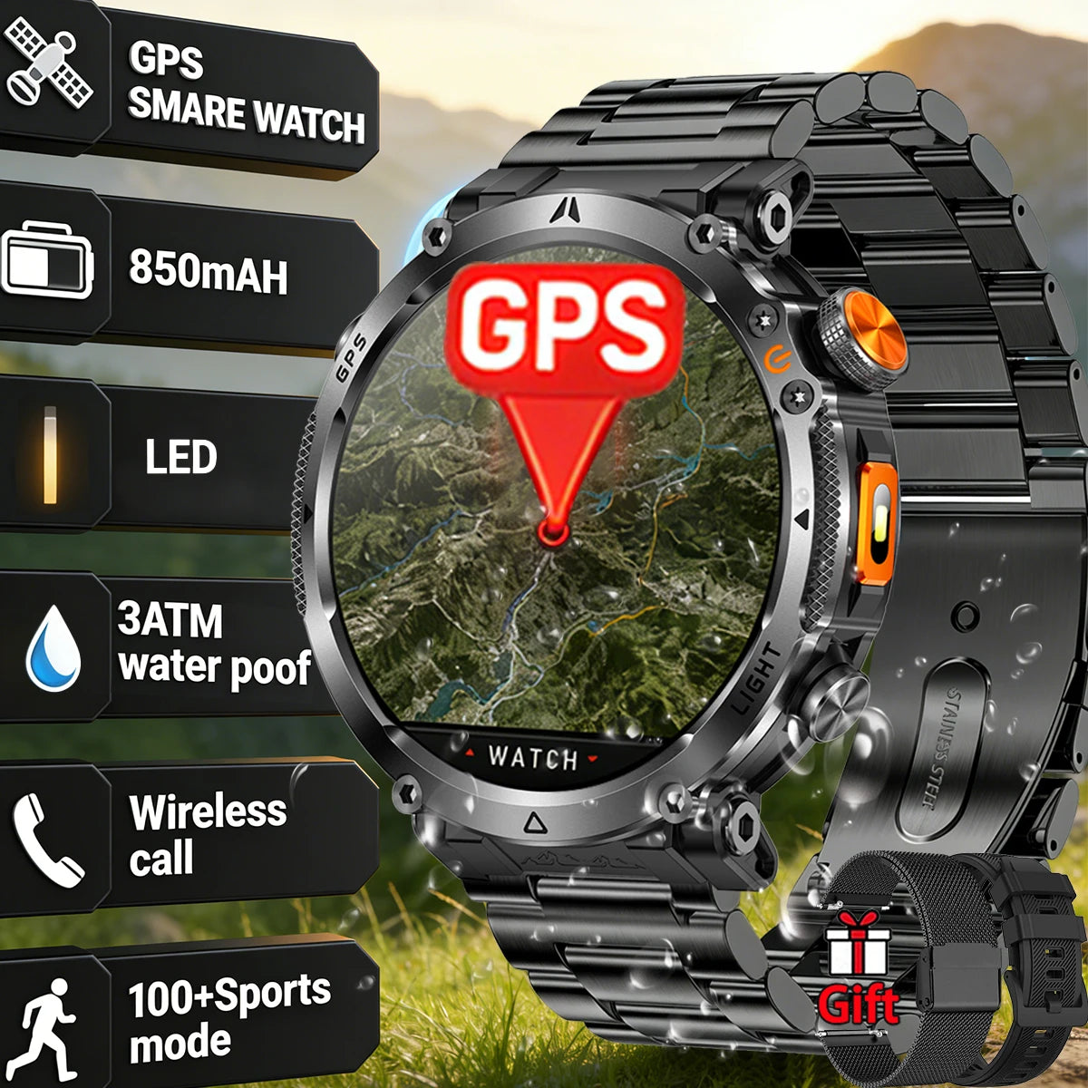 COANR2026 New Military Smart Watch 850mAh Battery GPS trace Compass 3ATM Waterproof Tactics Sport Flashlight call SmartWatch Men