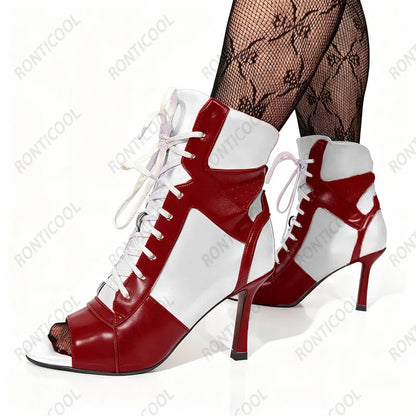 Ronticool Handmade Peep Toe Ankle Boots - Black and White Leather High Heel Shoes with Lace Up Design Size 36-43