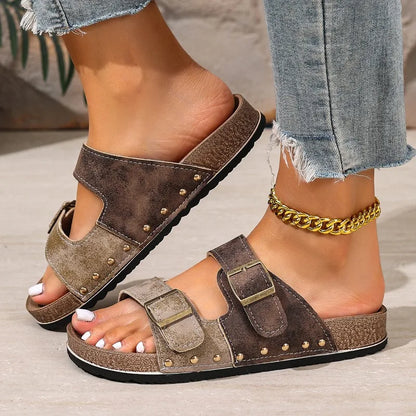 Women's Luxury Metal Buckle Decorated Slippers New Retro Thick-Soled Casual Shoes Summer Outdoor Vacation Beach Slippers Size43