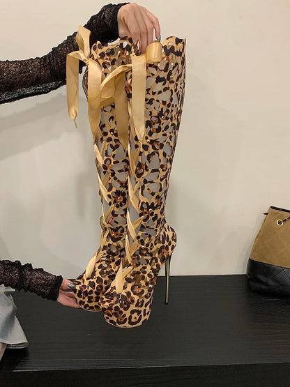 Aneikeh Sexy Leopard Print Hollow Out Ultra-high Heels Knee-High Boots Lady Club Stripper Peep Toe Platform Sandal Long Booties