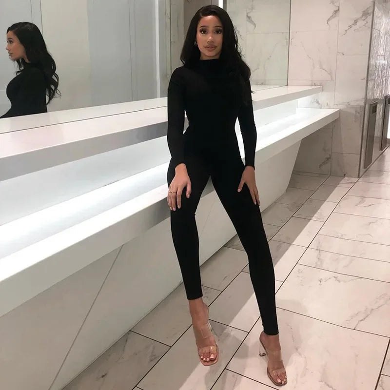 solid black/gray long sleeve skiing jumpsuit women elastic hight outfit fashion fitness sportwear slim rompers streetwear