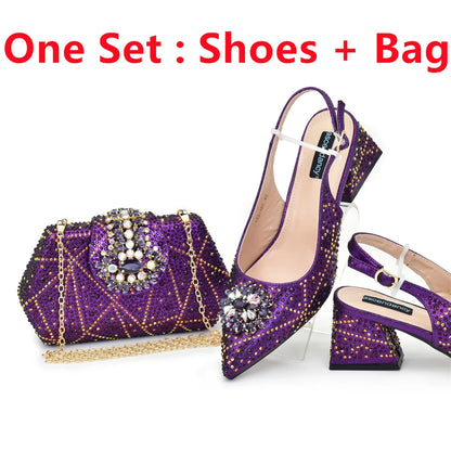 New Fashion Italian Design Rhinestone Pointed-Toe High Heel Shoes & Matching Bag Set Shoe and Bag Set for Nigeria Party Italy