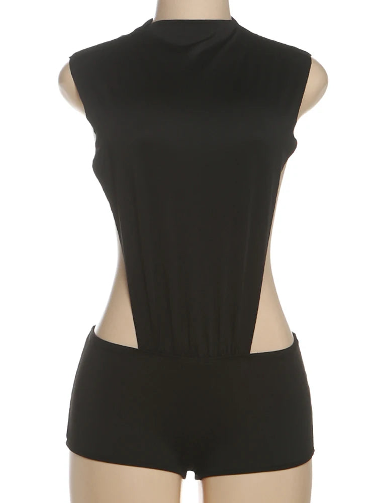 Weird Puss Coquette Women Playsuit Sleeveless Hipster Sexy Ruched Shoulder Side Split Solid Stretch Midnight Clubwear Romper