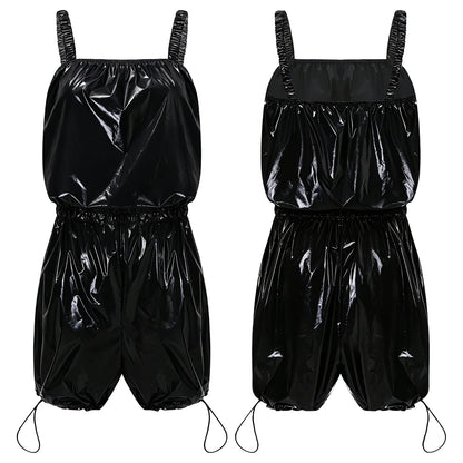 Womens Glossy Waterproof Diaper Cover Sling Bodysuit Waistband Drawstring Legs One-piece Cami Rompers Adaptive Short Jumpsuit