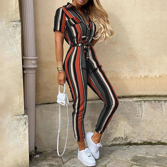 2025 New Women's Jumpsuit Casual Workwear Summer Romper with Print Button-up Lapel Waist Belt Slim Fit One Piece Pants Set Fashi
