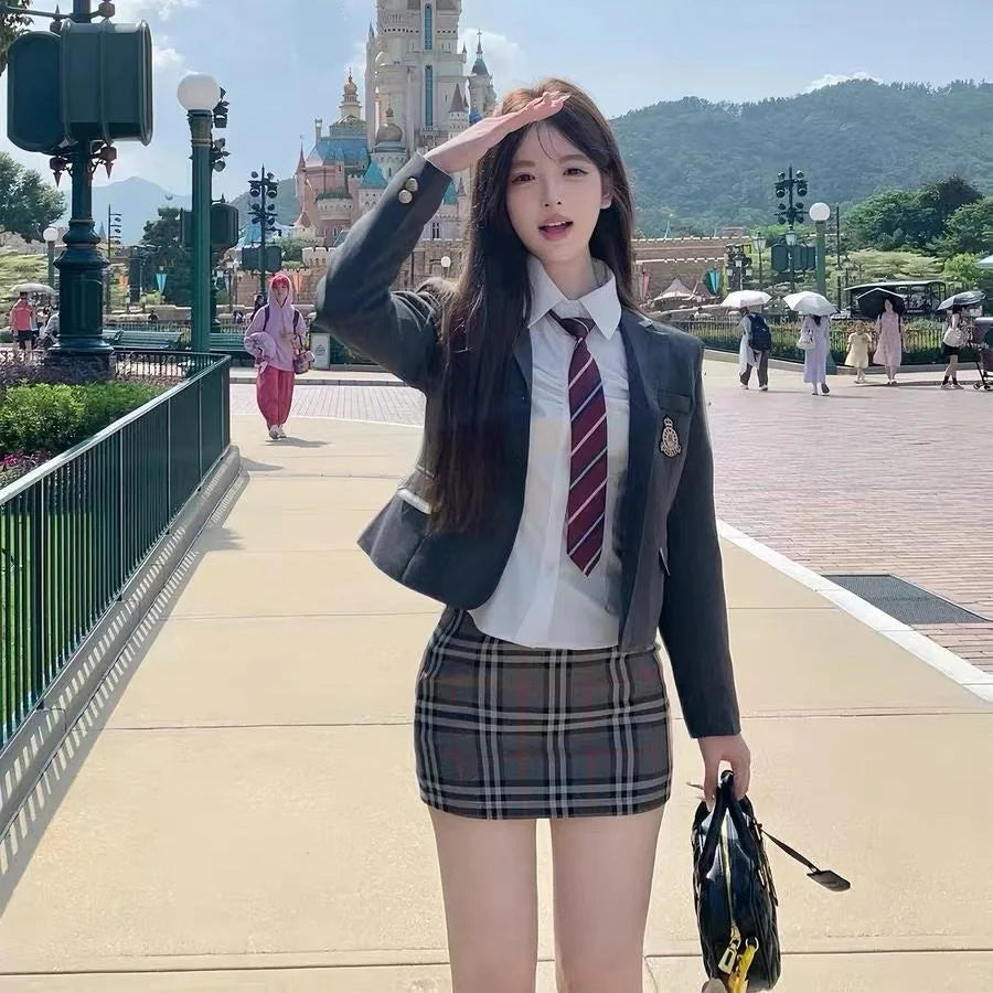 Korean and Japanese JK Uniform Suits for Women Autumn and Winter New Style College Plaid Skirt Short Small Suit Waist Shirt Suit