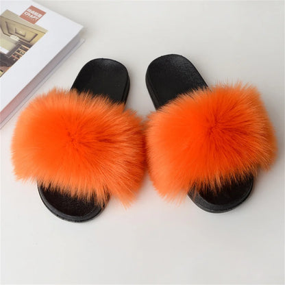 Women's Summer Faux Fur Fox Fur Slippers Fashion Luxury Indoor and Outdoor Non-Slip Solid Color Flat Bottom Furry Sandals