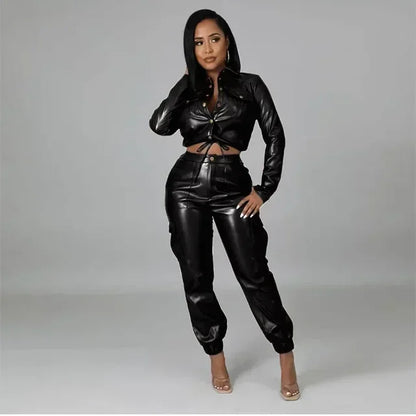Women Jacket Sets 2 Piece Long Sleeved Slim PU Leather Gripped Pants Set Solid Zipper Fly Pencil Pants Slim Fit High Street Suit