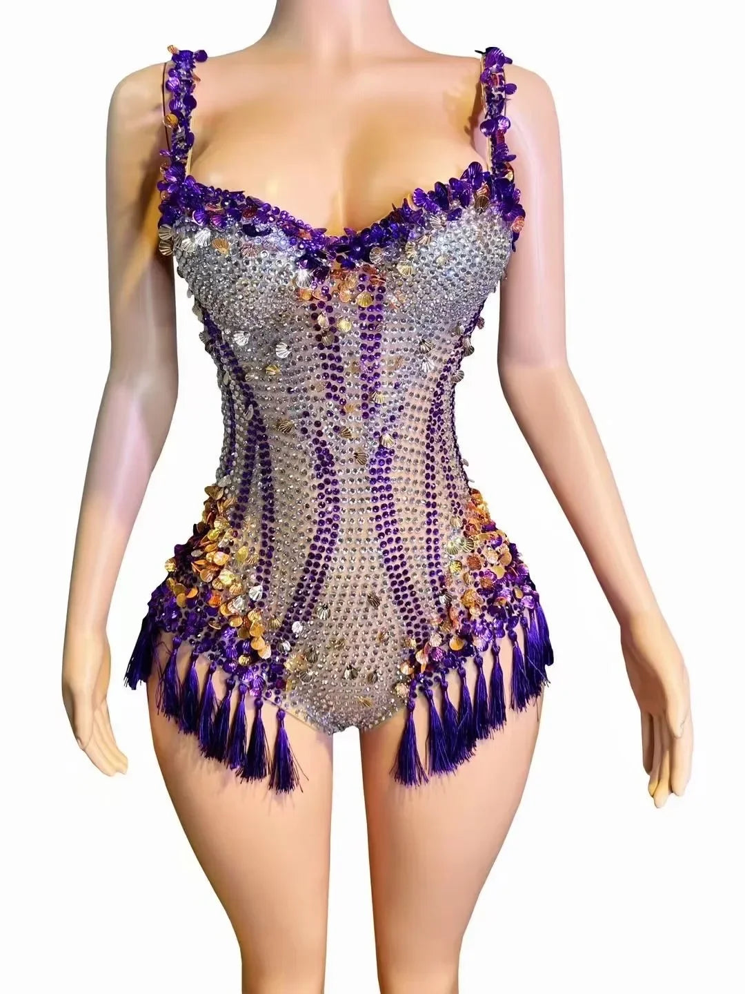 Luxury Fringes Rhinestones Bar Nightclub Outfit Birthday Party Dancer Stage Wear Performance Costume Sparkly Sexy Bodysuit
