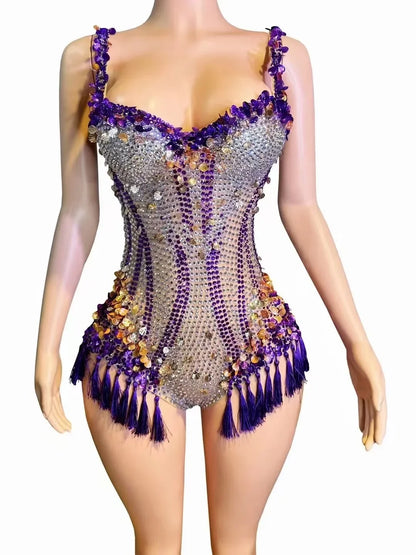 Luxury Fringes Rhinestones Bar Nightclub Outfit Birthday Party Dancer Stage Wear Performance Costume Sparkly Sexy Bodysuit