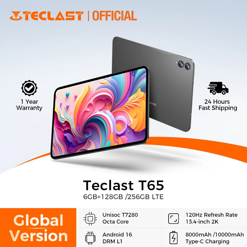 Teclast T65 13.4 Inches 2K 120Hz Screen Unisoc T7280 Octa Core Max 26G RAM 128GB ROM 8000mAh Battery Android 16 Tablets Dual SIM