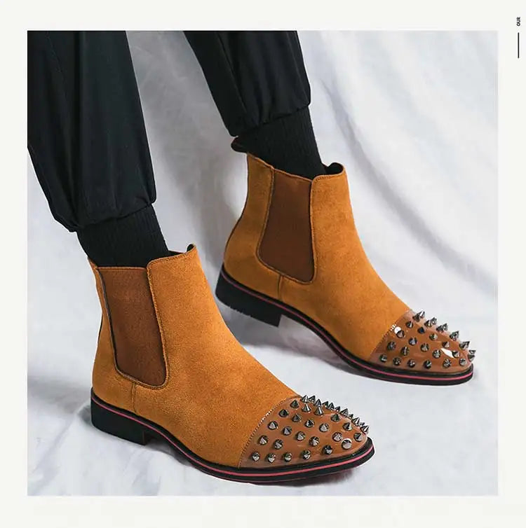 New Brown Men Chelsea Boots Flock Rivet Square Toe Red Sole Punk Handmade Men Short Boots  Bottes Pour Hommes