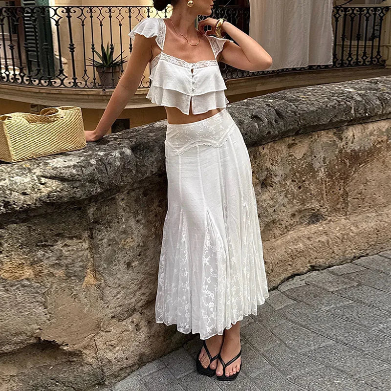 2026 Summer Fashion Square Neck Ruffled Crop Top & Pleated Midi Skirt 2-Piece Set Elegant Boho Resort Vacation Casual Outfits