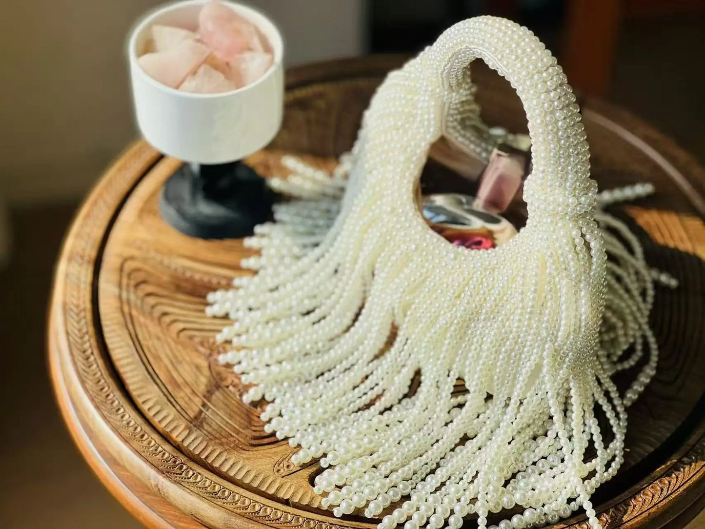 Luxury Handmade Faux Pearl Beaded Evening Clutch, Vintage Fringe Detail Shoulder Bag, Elegant Party Wedding Handbag for Women