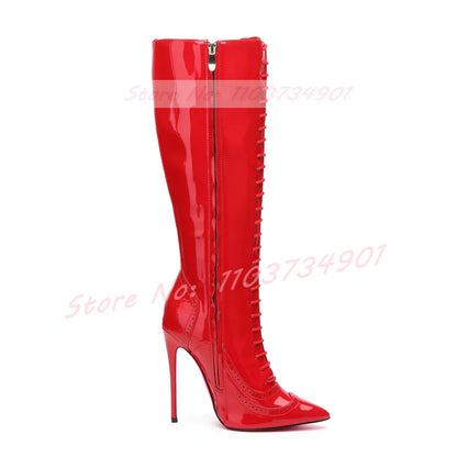 Pink Sole Zipper Knee Length Boots Women Sexy Nightclub Lace Up Pointy Toe High Heels Boots Lady Party Nifty Punk Fashion Shoes
