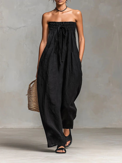 Women Strapless Wide Leg Jumpsuit Casual Cotton Linen Tube Top Romper Summer Beach Long Pants with Pockets Vacation Overalls
