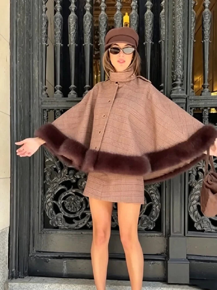 Elegant Plaid Cape Skirt 2 Piece Set Women Chic High Waist Single Breasted Faux Fur Hem Shawl Coat Suit Fall Winter Party Outfit