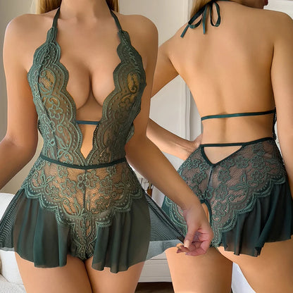 New Sexy Crotchless Rose Sexy Lingerie Women Lace Hollow Bodysuit Teddy Babydoll Dress Deep V Open Bra Porno Set Erotic Pajamas