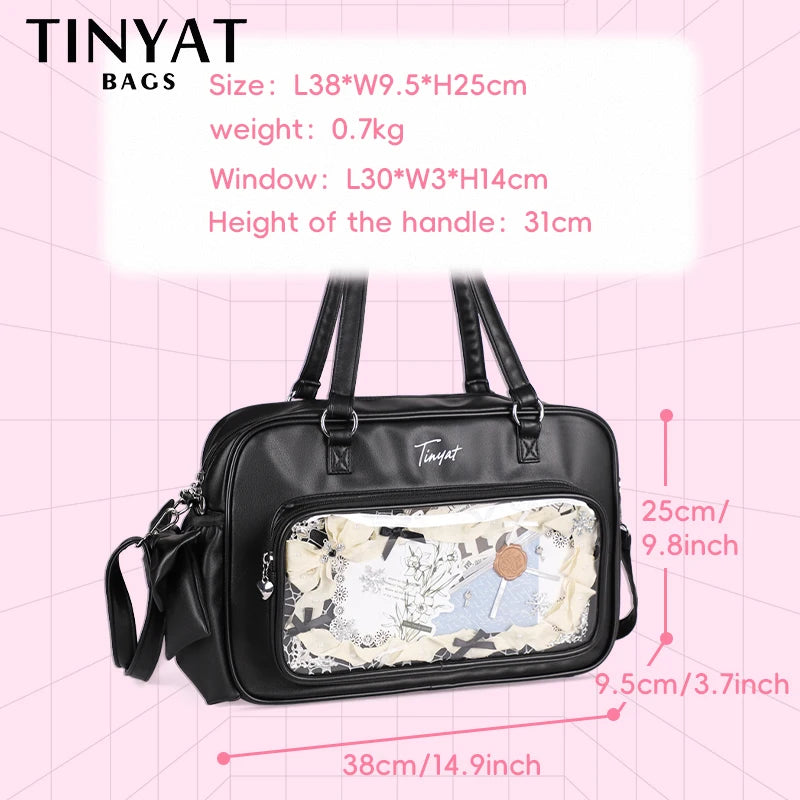 TINYAT PU Y2K Ita Bag Tote Lolita Girl Clear Window Display Message Bag Large Capacity Daily Commuting Handbag for Women School