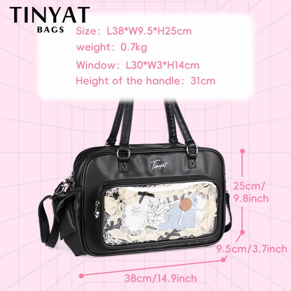 TINYAT PU Y2K Ita Bag Tote Lolita Girl Clear Window Display Message Bag Large Capacity Daily Commuting Handbag for Women School