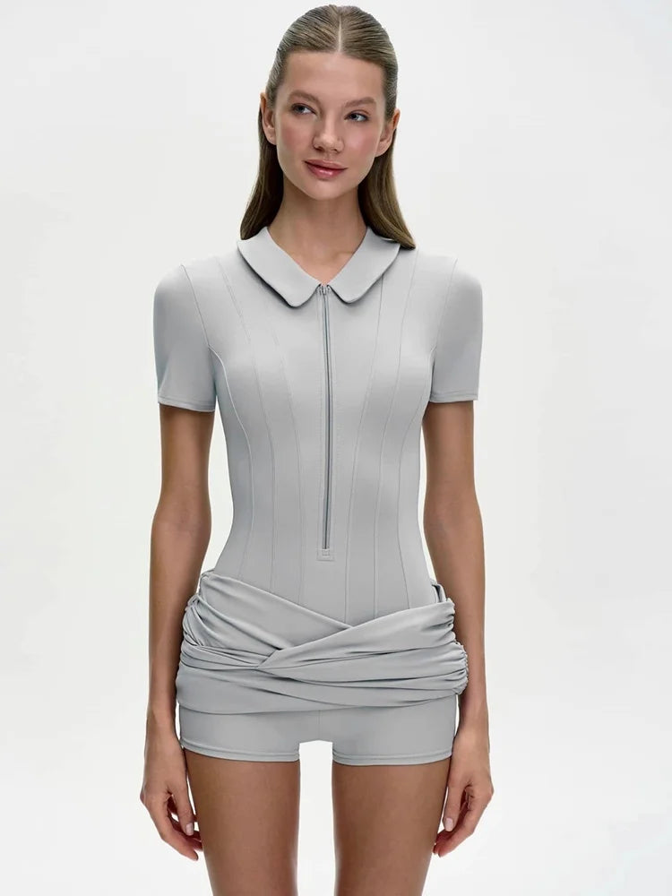 Sibybo Polo Collar Zipper Women Jumpsuits Set Short Sleeve High Elastic Rompers Ruched Bodycon Skirt Spring Casual Matching Sets