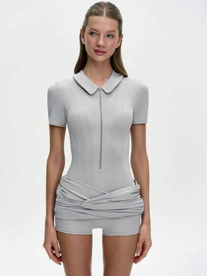 Sibybo Polo Collar Zipper Women Jumpsuits Set Short Sleeve High Elastic Rompers Ruched Bodycon Skirt Spring Casual Matching Sets