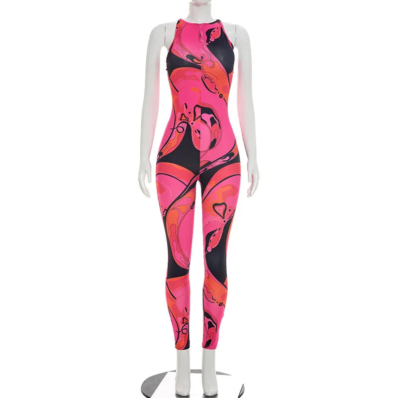 FAGADOER Fashion Rose Red Print Bodycon Jumpsuits Sexy Color Patchwork Off Shoulder Zipper Rompers Streetwear Club Playsuits New