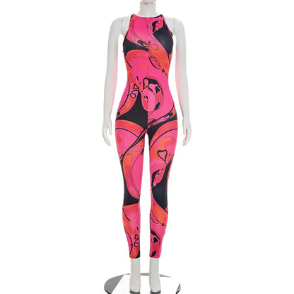 FAGADOER Fashion Rose Red Print Bodycon Jumpsuits Sexy Color Patchwork Off Shoulder Zipper Rompers Streetwear Club Playsuits New