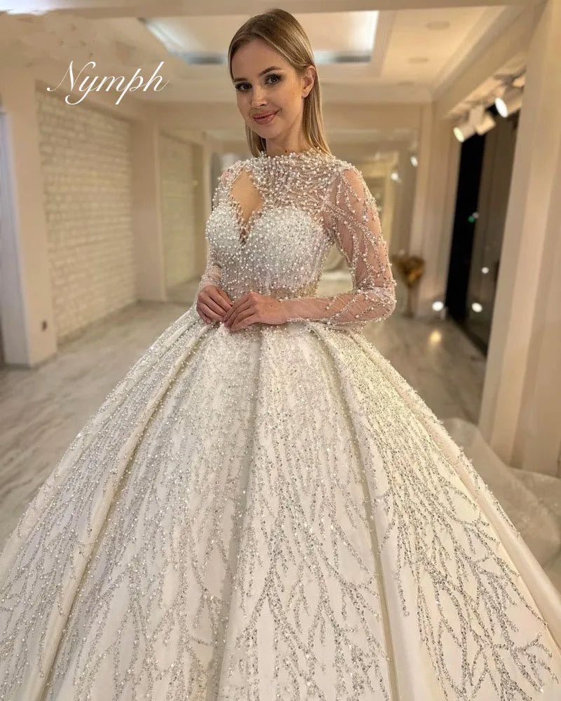 Customized Glamorous Pearls Sequins Long Sleeves Wedding Dresses Princess Beading Bride Ball Gowns Vestidos De Novia