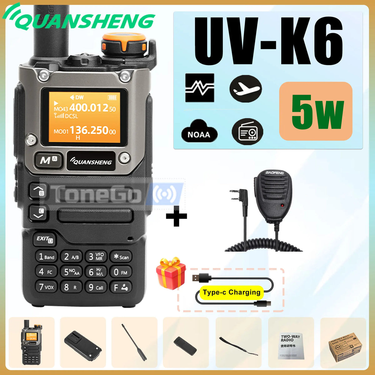 Quansheng UV-K6 Walkie Talkie 5W AM FM 50-600MHz USB-C Direct Charge NOAA Weather Multi Band UV-K58 UV-K5(8) Two Way Radio