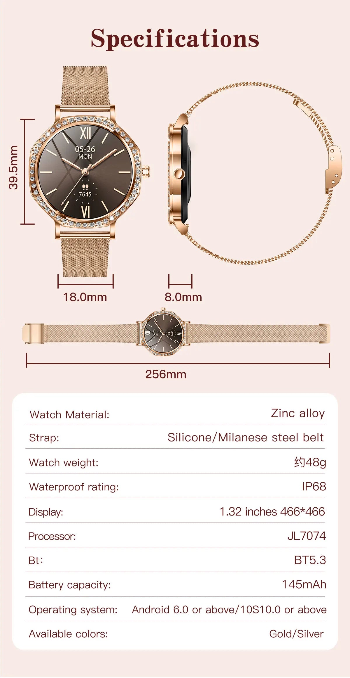 2026 New Ladies' Fashion Smartwatch Diamond Frame HD AMOLED Screen Bluetooth Call Health Monitoring Waterproof Smart Watch Gift