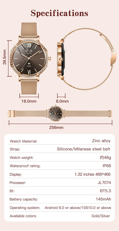 2026 New Ladies' Fashion Smartwatch Diamond Frame HD AMOLED Screen Bluetooth Call Health Monitoring Waterproof Smart Watch Gift