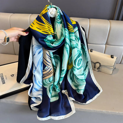 180*90cm Large Silk Satin Scarf Women Fashion Printed Scarf Spring And Summer Styles New Shawl Wrap Female Hand 2025 NEW