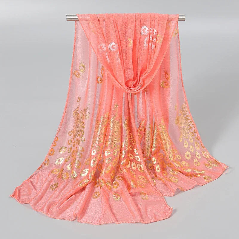 Women Glitter Thin Muffler Solid Color  Elegant Hijab Scarf Chiffon Long Scarves Gold Peacock Print Wrap Shawl Georgette Scarf