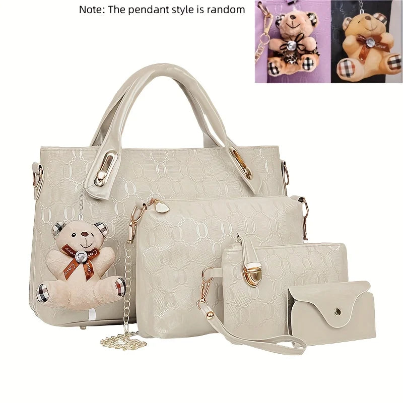 4 Pcs Women Handbag Set Embossed Pattern PU Leather Tote Bags Fashion Chain Shoulder Crossbody Bag Ladies Wallet Card Holder Purse With Bear Pendant Daily Shopping Handbags