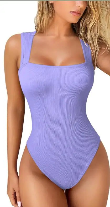 Women Sleeveless Knit Bodysuit Summer Sexy Bodycon Off Shoulder Jumpsuits Casual Bodice Stretchy Street Style Short Jumpsuits
