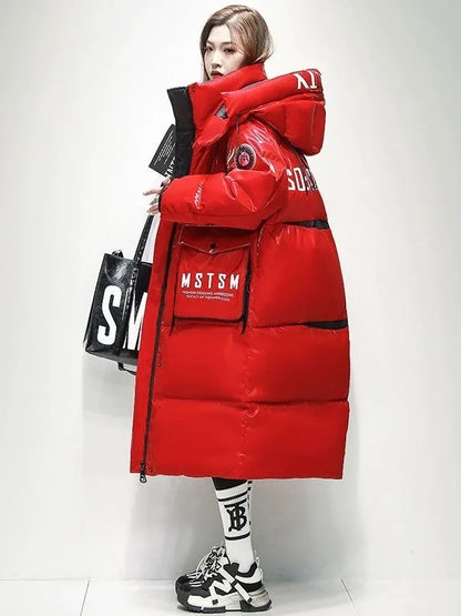 2025 Winter Glossy Waterproof X-long 90% White Duck Down Coat Women Thick Loose Outerwear Warm Down Jacket Hooded Parkas Coats