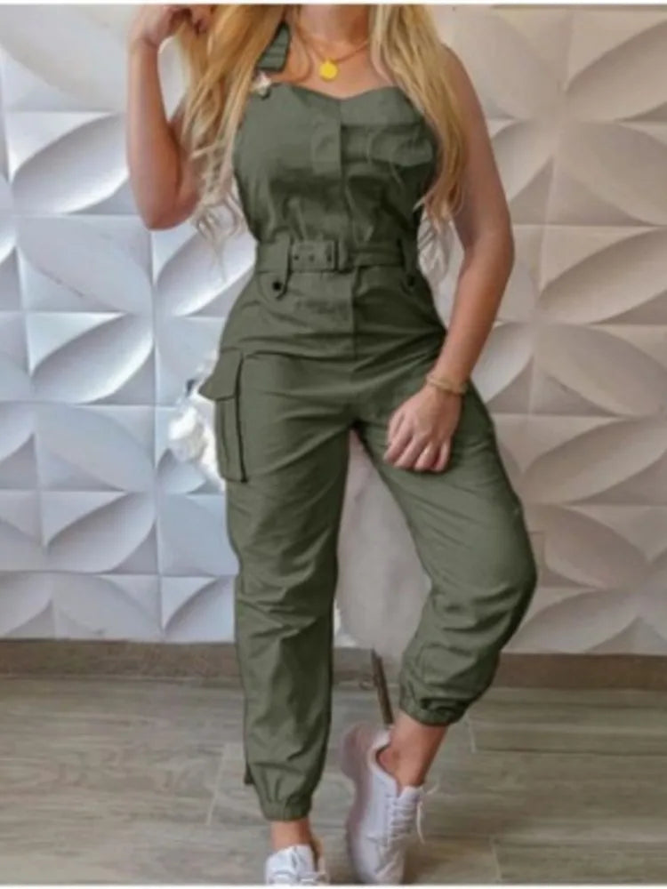 Fashion Pocket Jumpsuit Women Loose Dungarees Long Rompers Summer Solid Pockets Cargo Pants Female Casual Work Out Playsuits